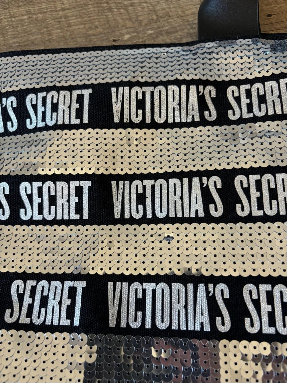 Victoria’s Secret Silver and Black Sequin Striped Weekender Canvas Tote Bag